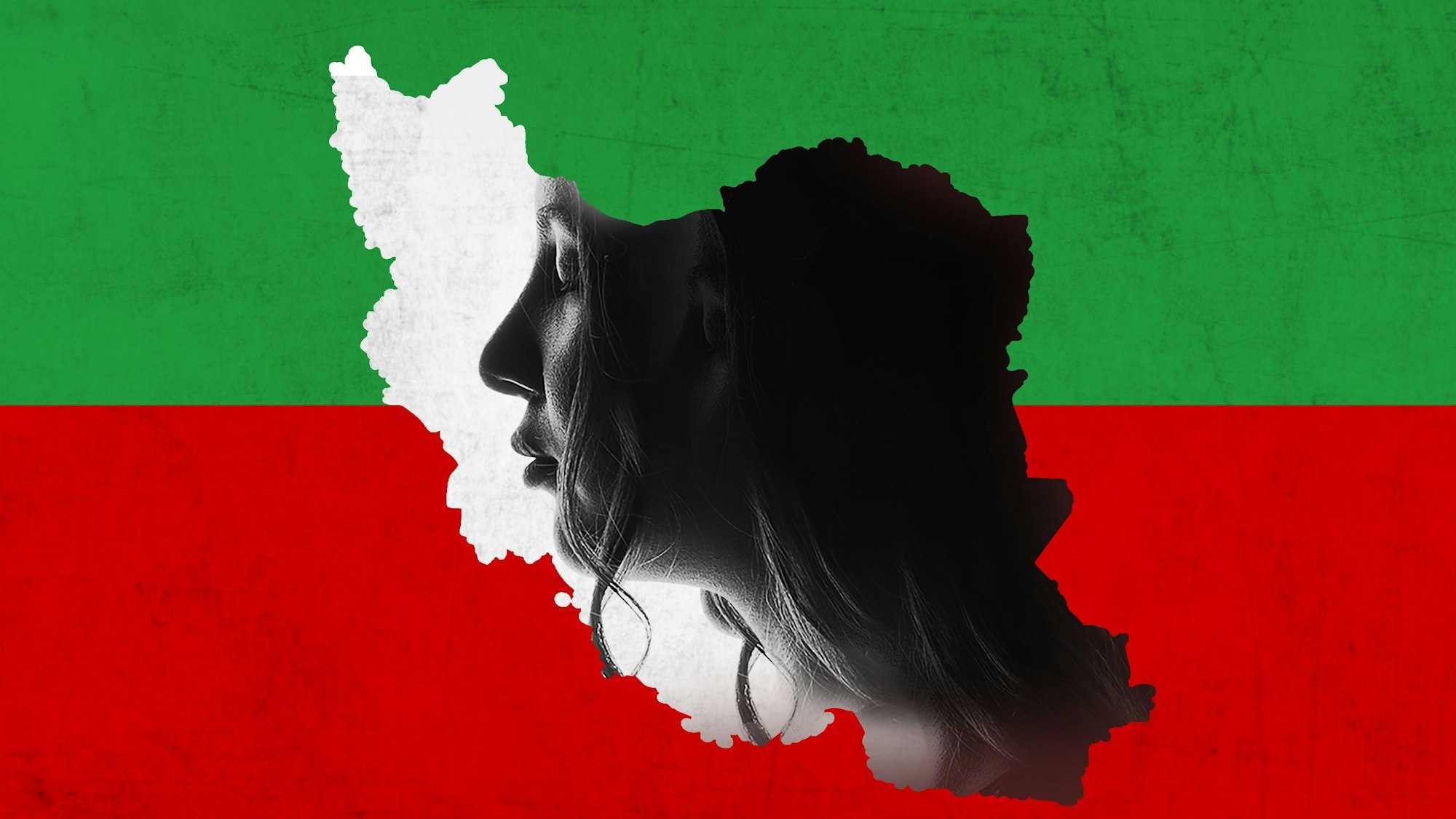 Eine Frau erscheint im Profil in der Iran-Flagge.