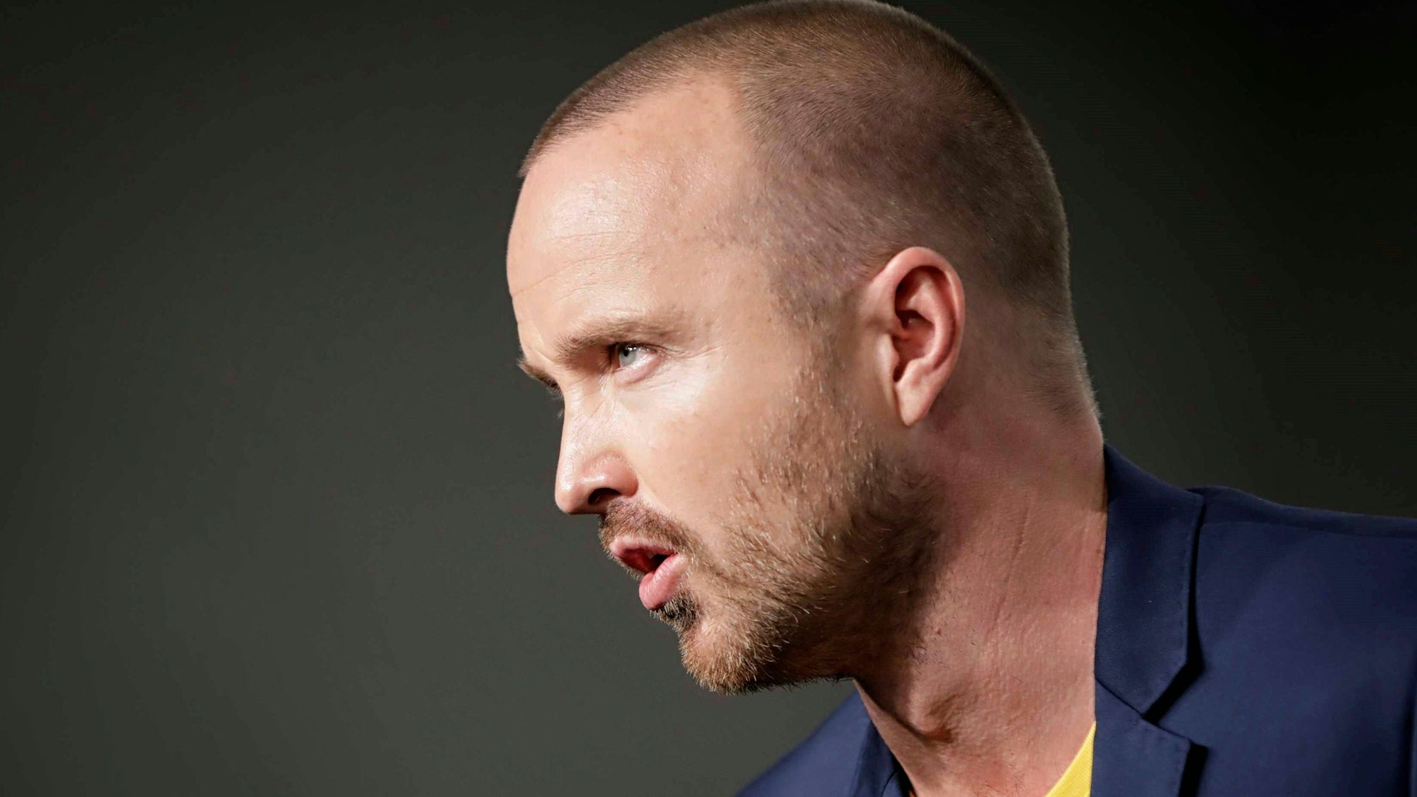 US-Schauspieler Aaron Paul ist auf einer Bühne im Anzug zu sehen.