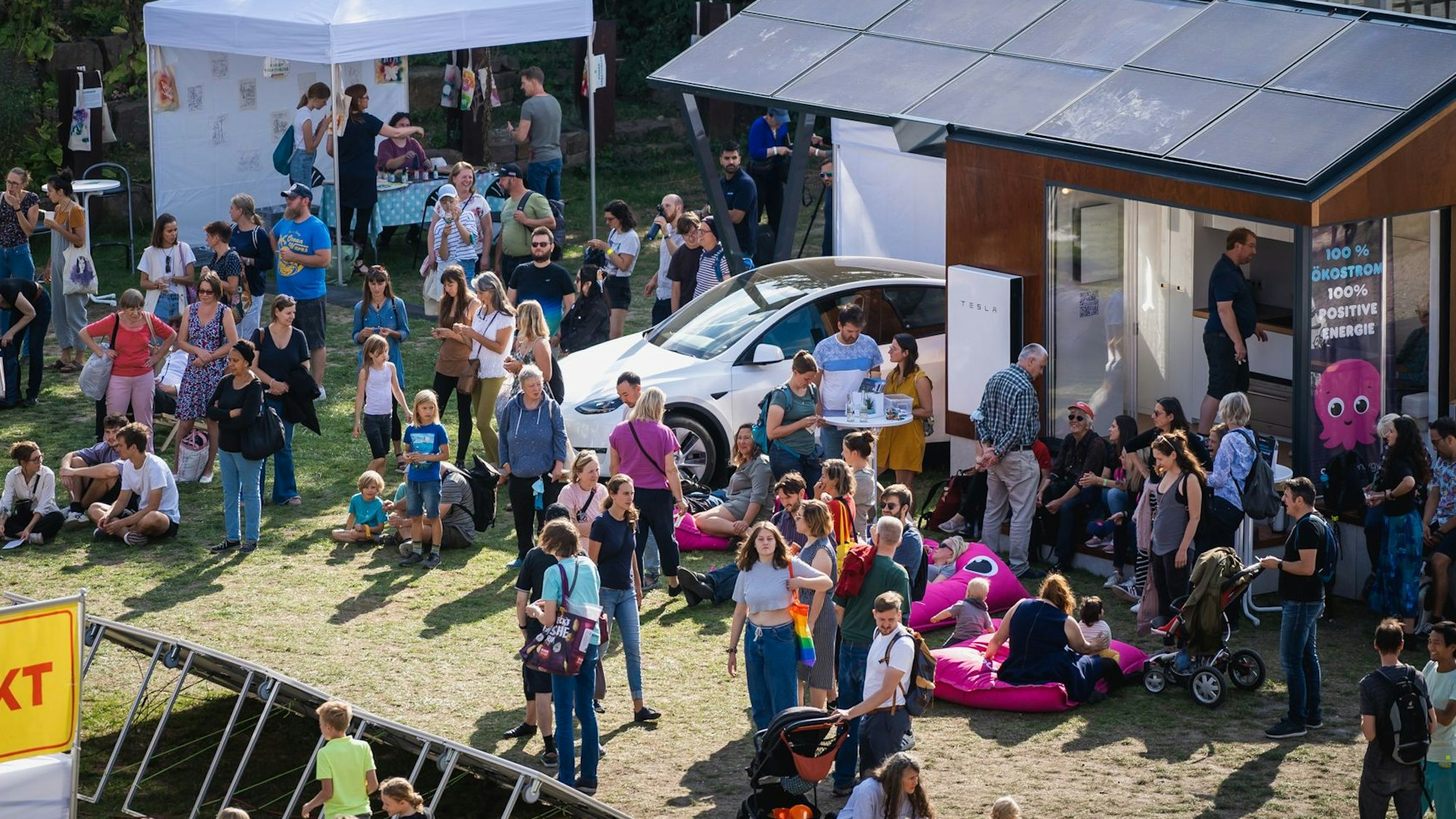 Viele Menschen tummeln sich um Stände auf einer grünen Wiese.