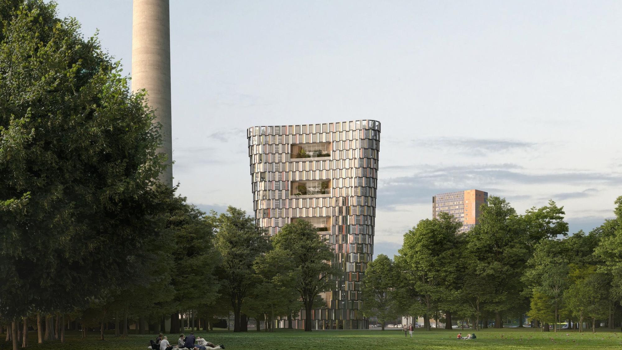 Blick vom Inneren Grüngürtel auf das neue Hochhaus.
