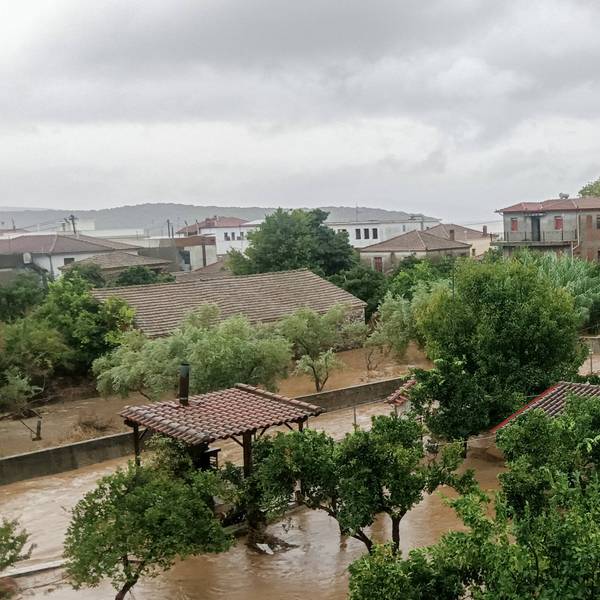 Ein Ort in der griechischen Provinz Pilion ist durch die schweren Unwetter in Griechenland völlig überschwemmt. Braunes Wasser steht meterhoch in den Straßen.
