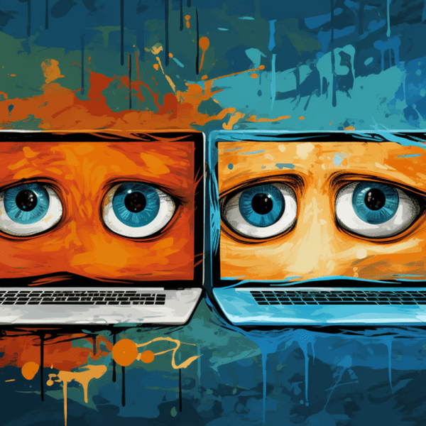 Eine Illustration zeigt zwei Computer, auf deren Bildschirme Augenpaare zu sehen sind. Die Augenpaare erwecken den Eindruck von Traurigkeit.