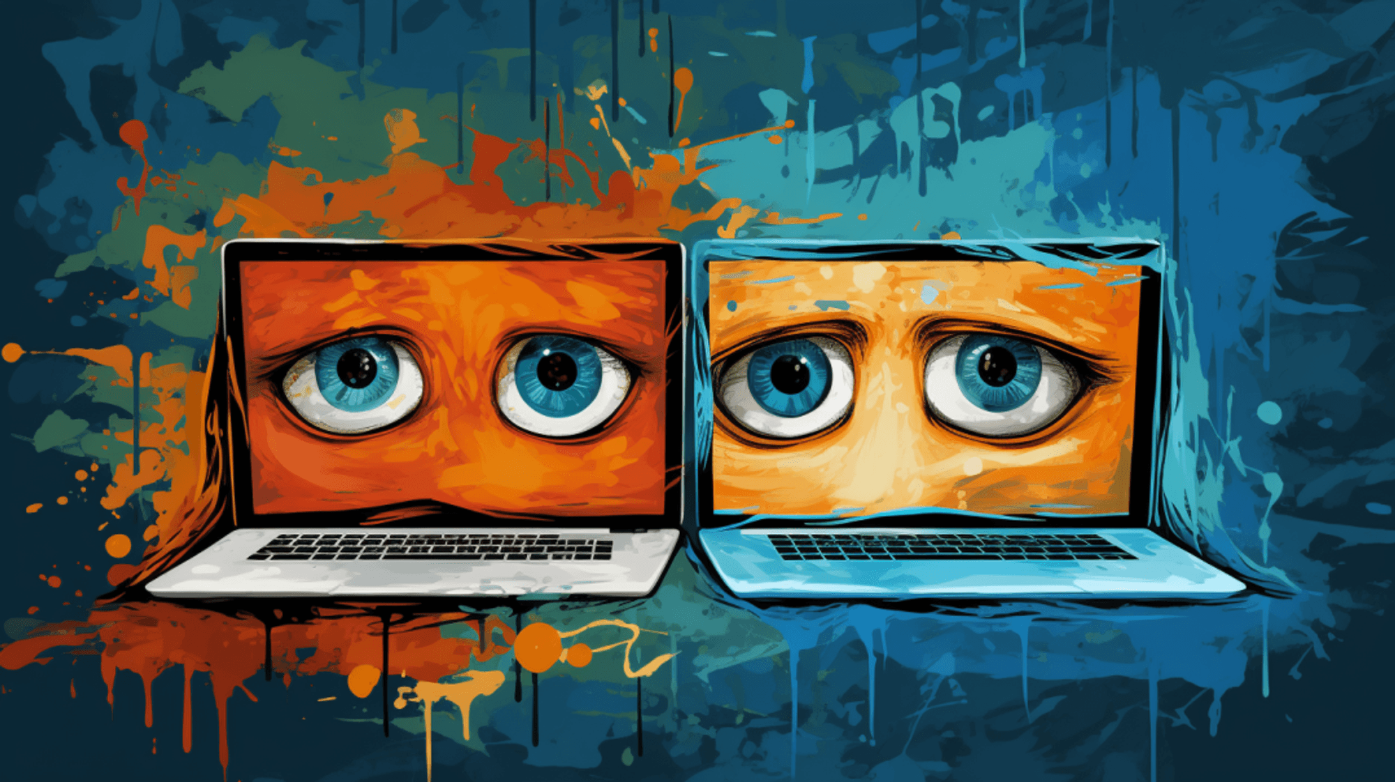 Eine Illustration zeigt zwei Computer, auf deren Bildschirme Augenpaare zu sehen sind. Die Augenpaare erwecken den Eindruck von Traurigkeit.