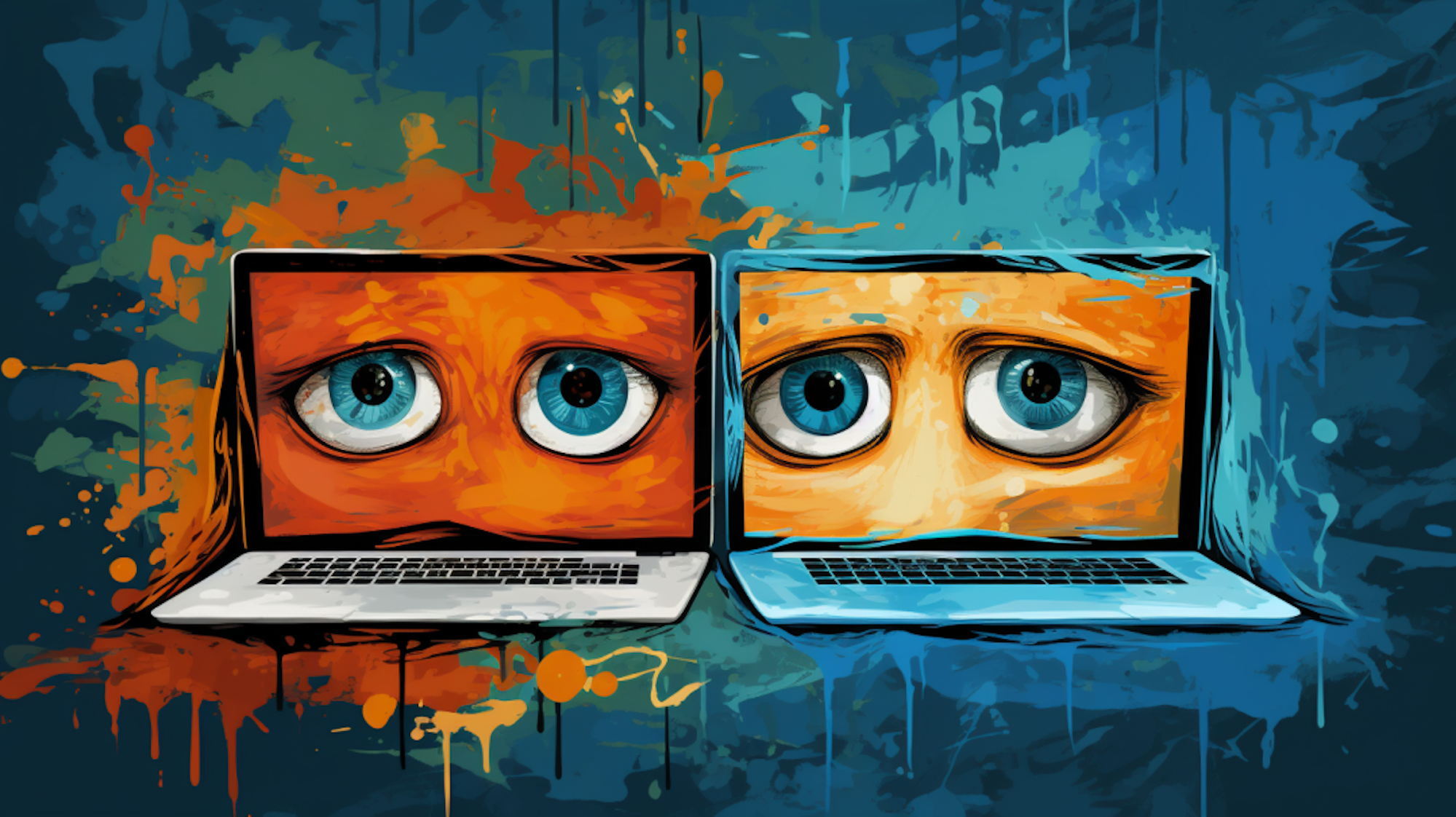 Eine Illustration zeigt zwei Computer, auf deren Bildschirme Augenpaare zu sehen sind. Die Augenpaare erwecken den Eindruck von Traurigkeit.