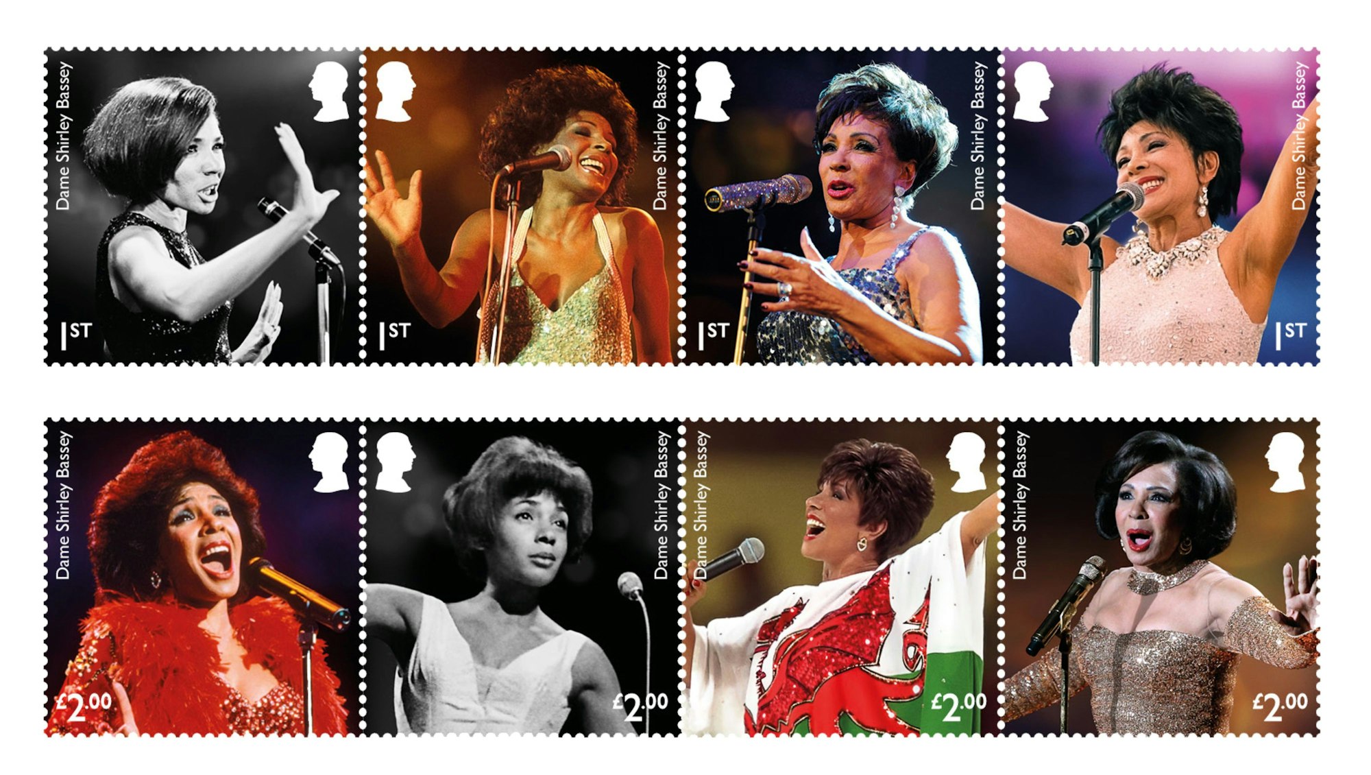 Dieses von der Royal Mail herausgegebene Foto zeigt den Briefmarken-Block zu Ehren von Dame Shirley Bassey. Dies ist das erste Mal, dass die Royal Mail einer weiblichen Solokünstlerin eine ganze Briefmarkenausgabe widmet.