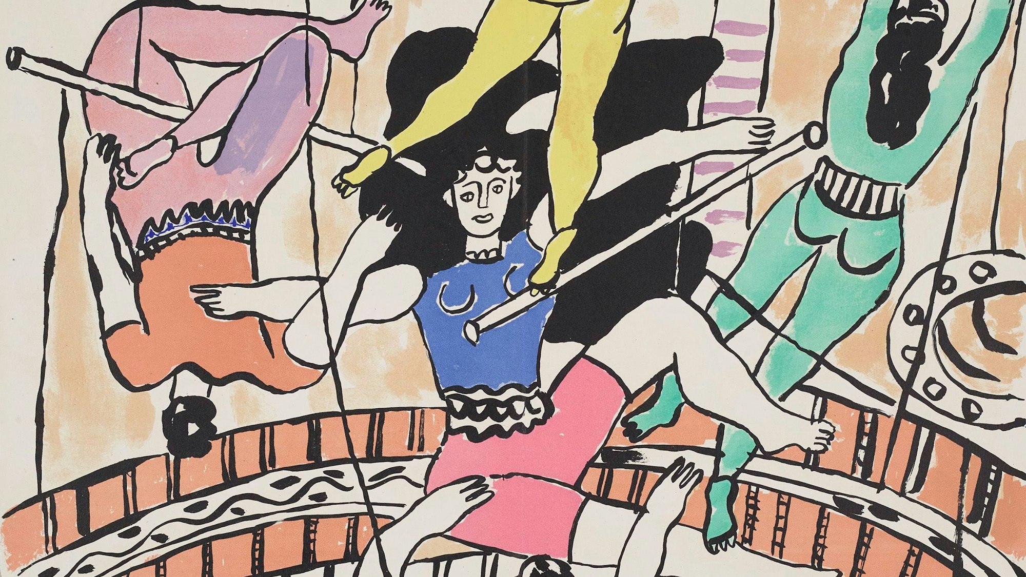 Auf dem Bild sind verschiedene Zirkusartisten in bunter Kleidung zu sehen.