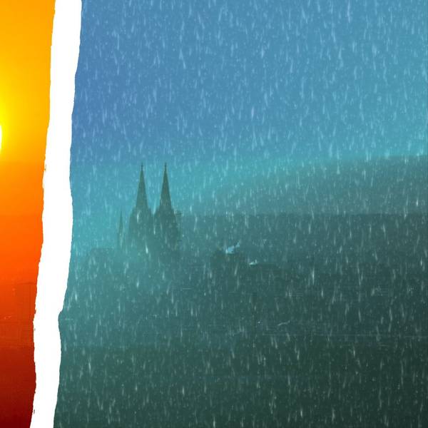 Die linke Bildhälfte zeigt eine glutrote Sonne über Köln, in der rechten Bildhälfte sieht man die Türme des Kölner Doms durch einen Regenschleier.