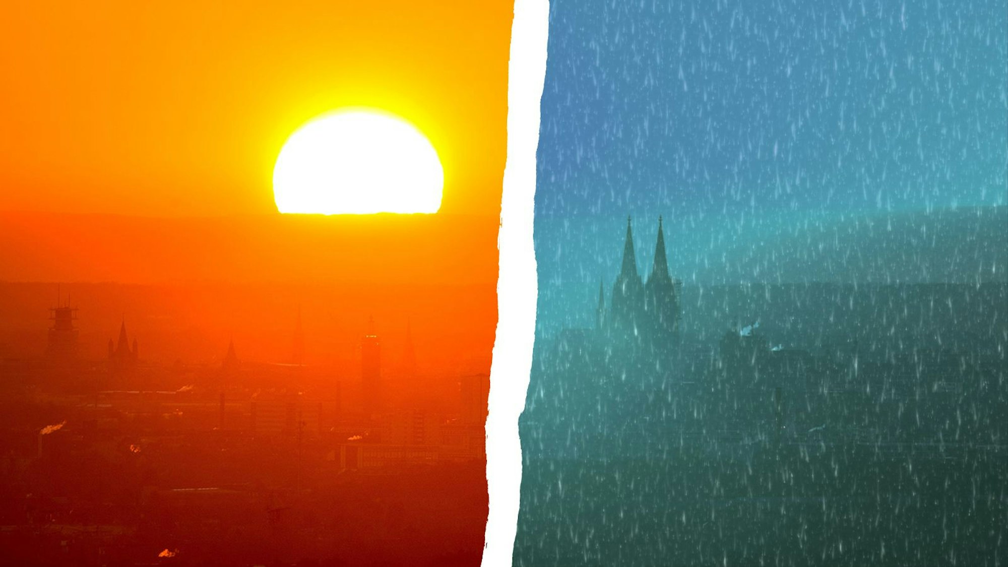 Die linke Bildhälfte zeigt eine glutrote Sonne über Köln, in der rechten Bildhälfte sieht man die Türme des Kölner Doms durch einen Regenschleier.