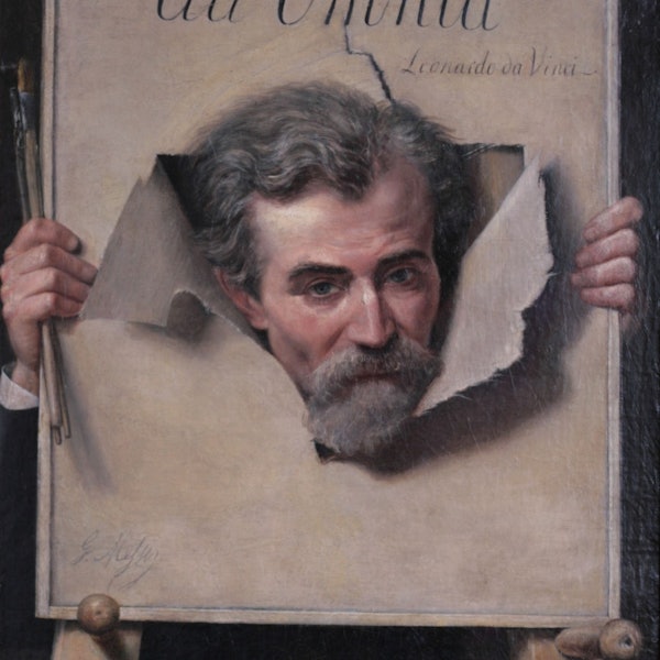 Ein Maler stößt mit seinem Kopf durch eine Leinwand und schaut auf dieser heraus.