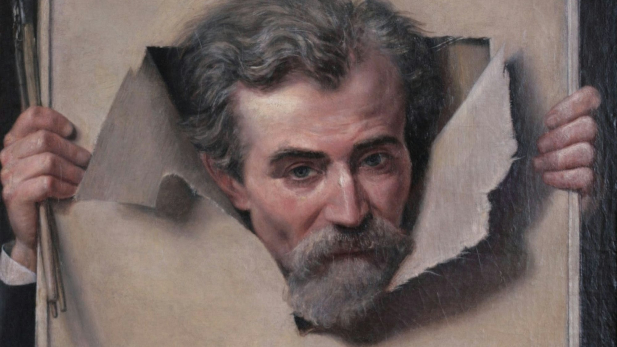 Ein Maler stößt mit seinem Kopf durch eine Leinwand und schaut auf dieser heraus.