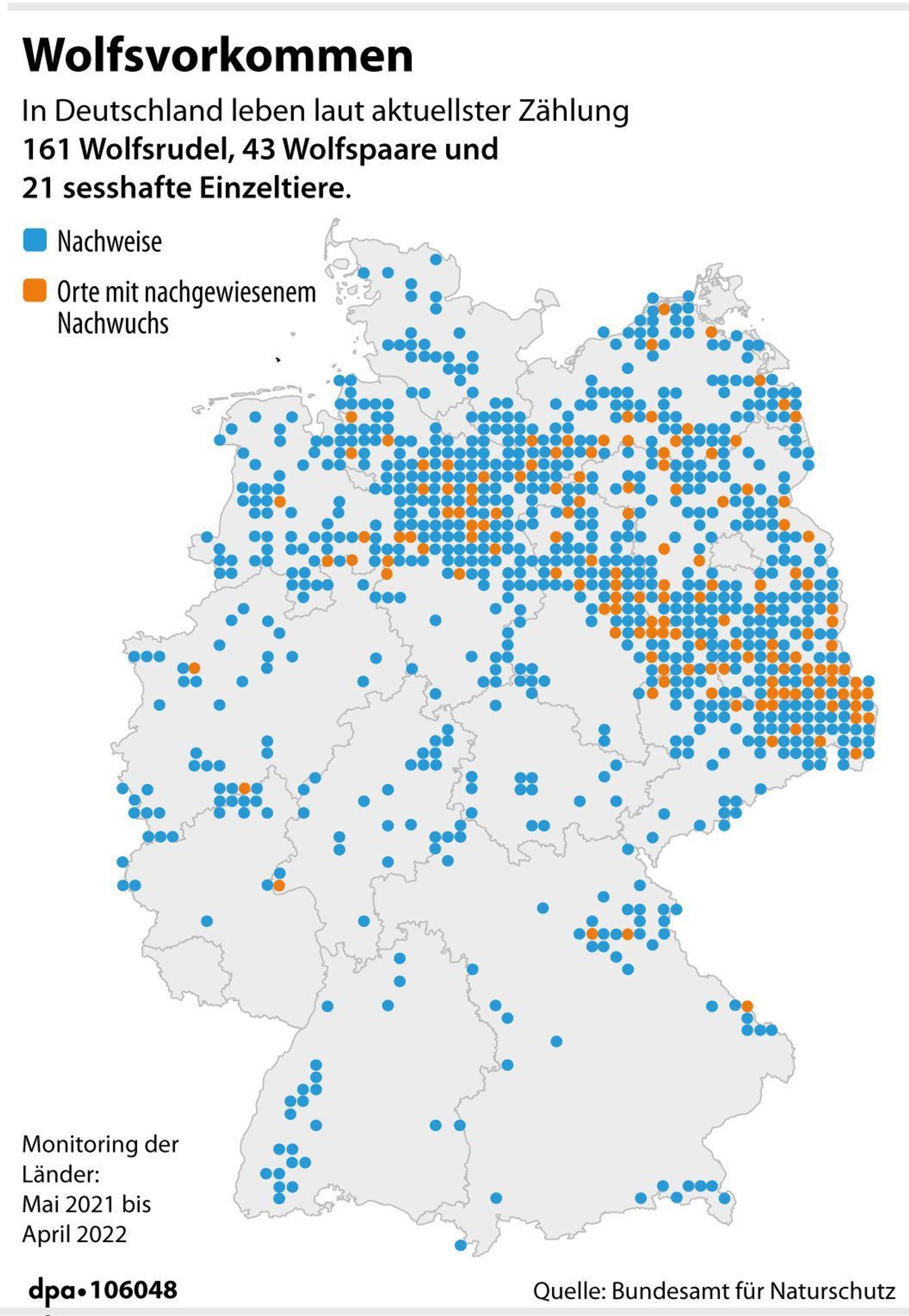 Wolfsvorkommen in Deutschland (Monitoring: Mai 2021 bis April 2022)