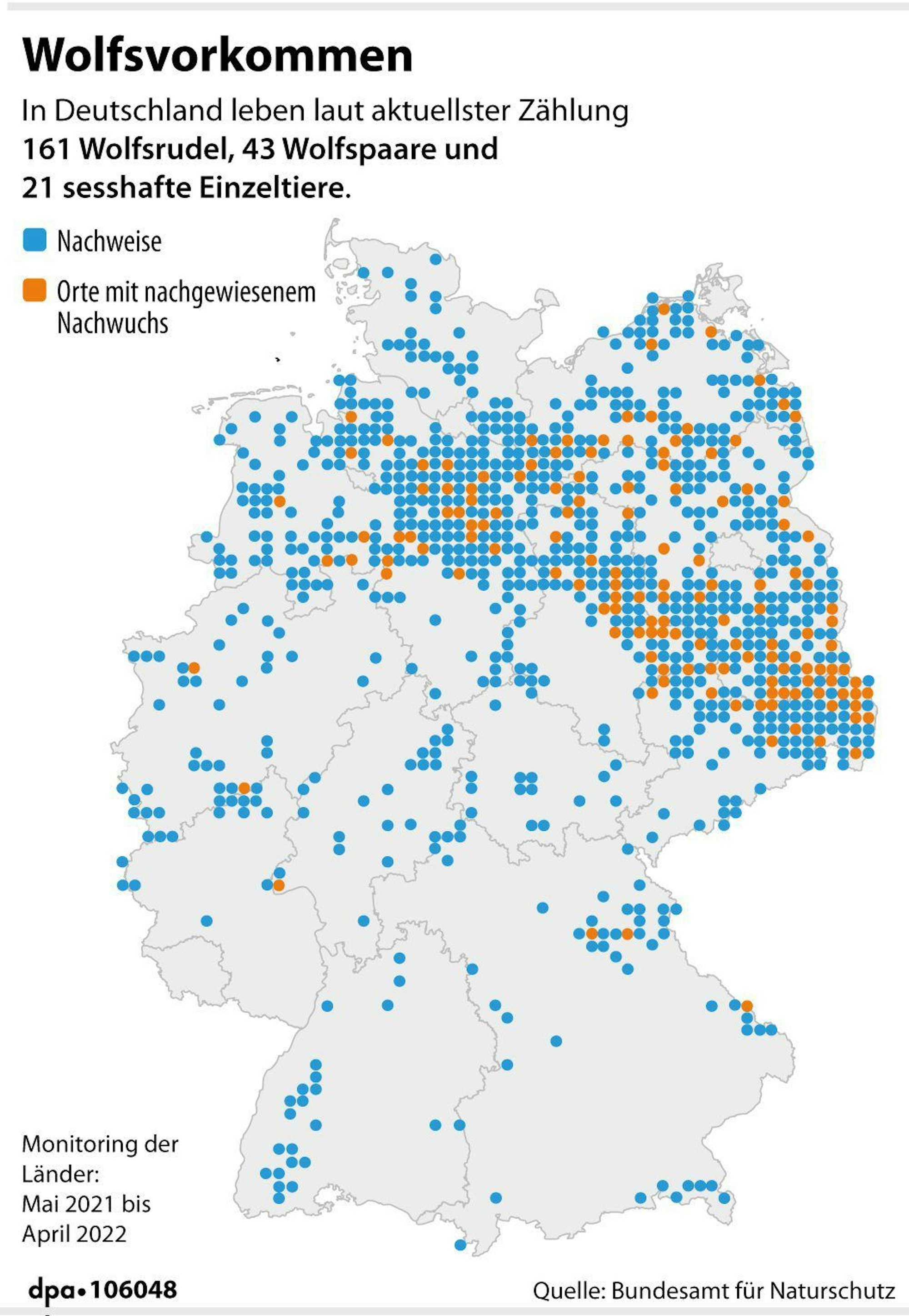 Wolfsvorkommen in Deutschland (Monitoring: Mai 2021 bis April 2022)