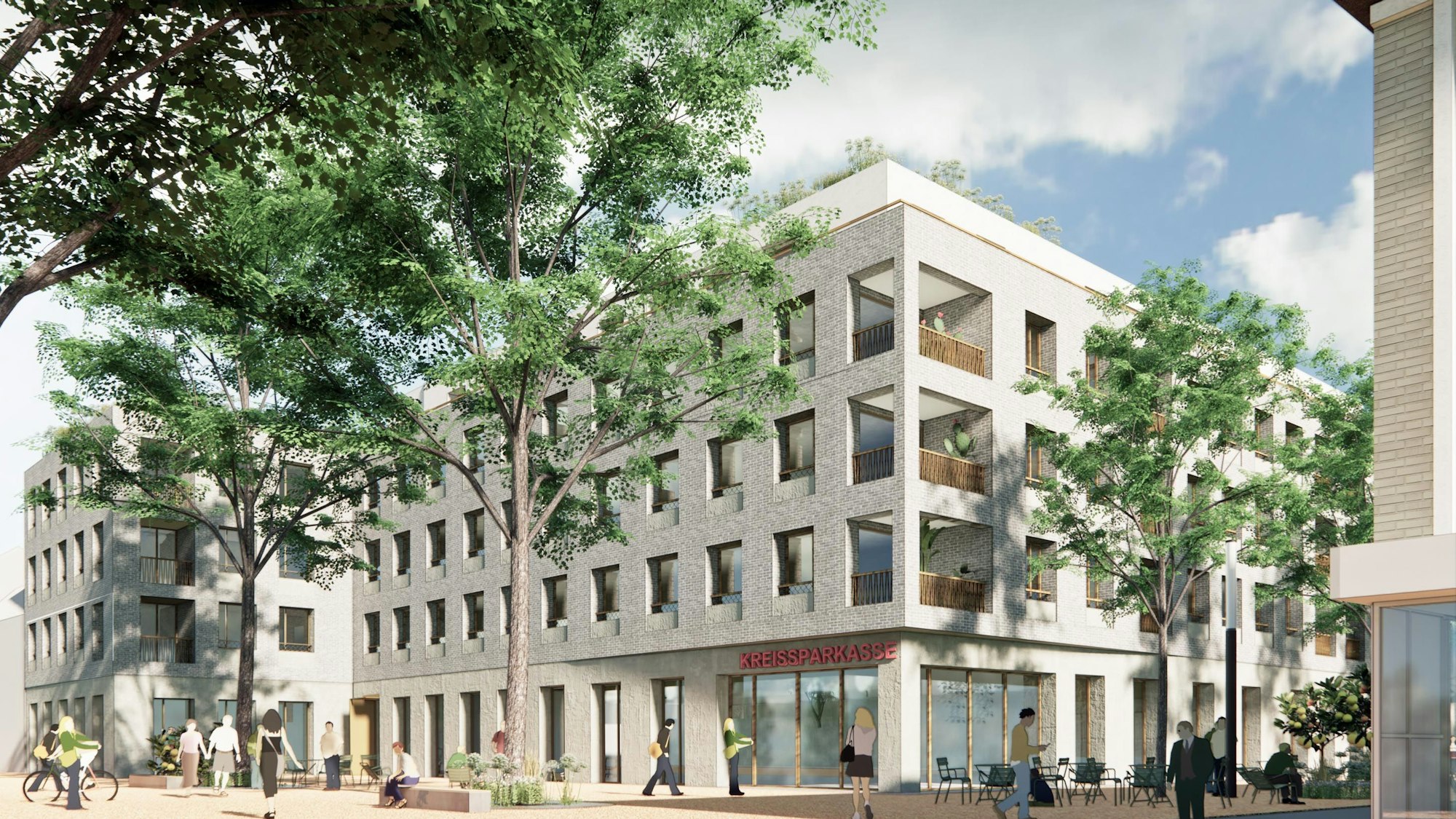 Das Bild zeigt eine Visualisierung des neuen Gebäudes der Kreissparkasse in Frechen.