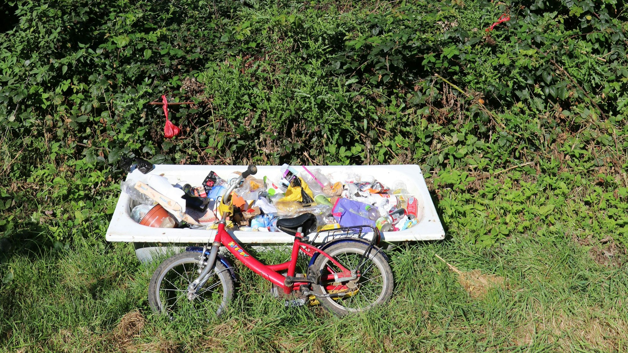 Eine Badewanne voll Müll steht im Bonner Kottenforst.