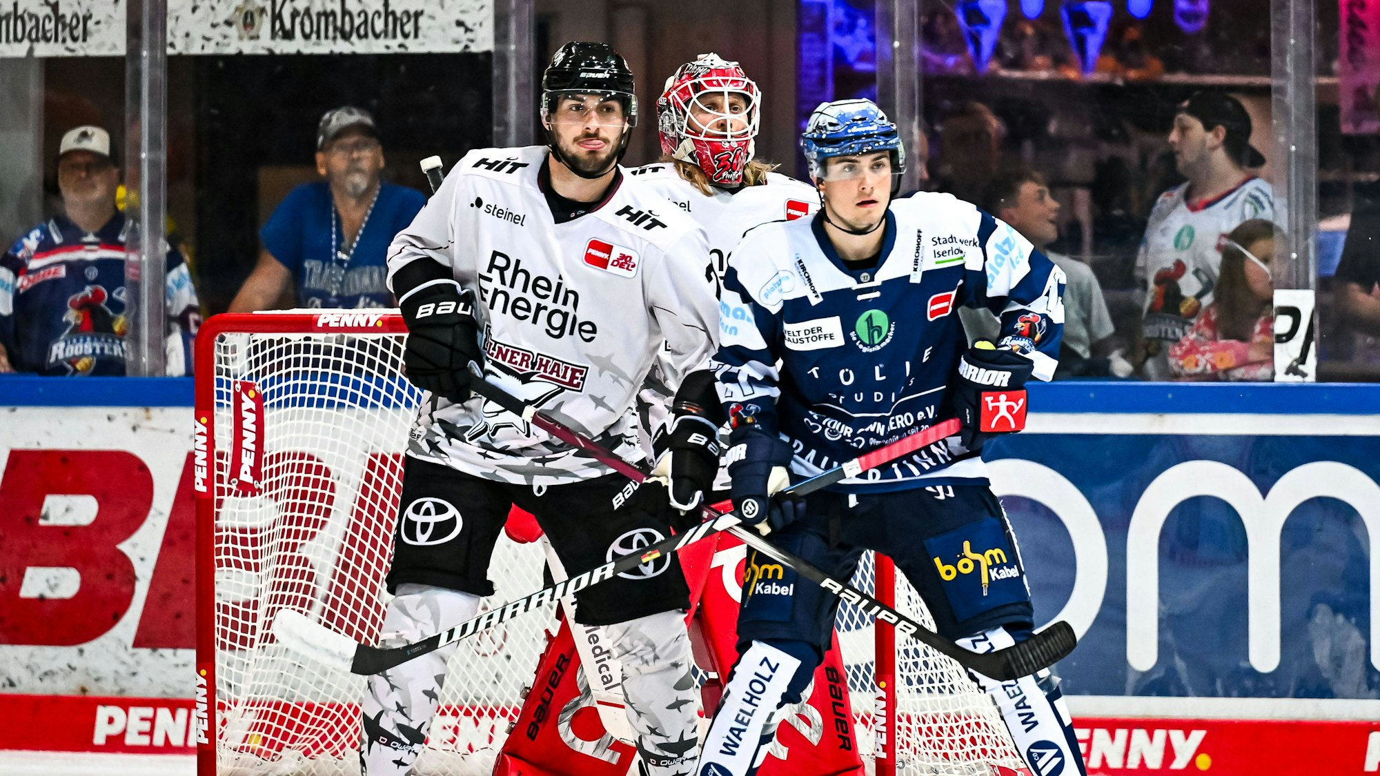 Mirko Pantkowski Kölner Haie, 30 Maximilian Glötzl Kölner Haie, 22 Maciej Rutkowski Iserlohn Roosters, 12, GER, Iserlohn Roosters vs. Koelern Haie, Eishockey, Penny-DEL, Spielzeit 2023/2024, 08.09.2023 GER, Iserlohn Roosters vs. Koeler Haie, Eishockey, Penny-DEL, Spielzeit 2023/2024, 08.09.2023 Iserlohn
