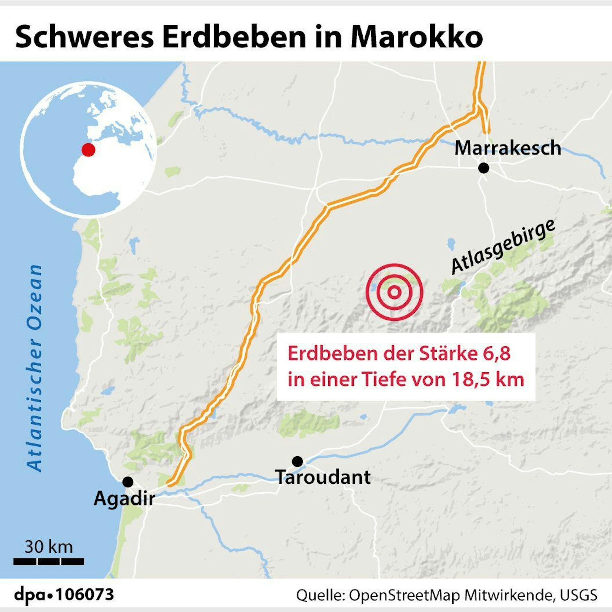 Die Karte zeigt die Erdbebenregion in Marokko