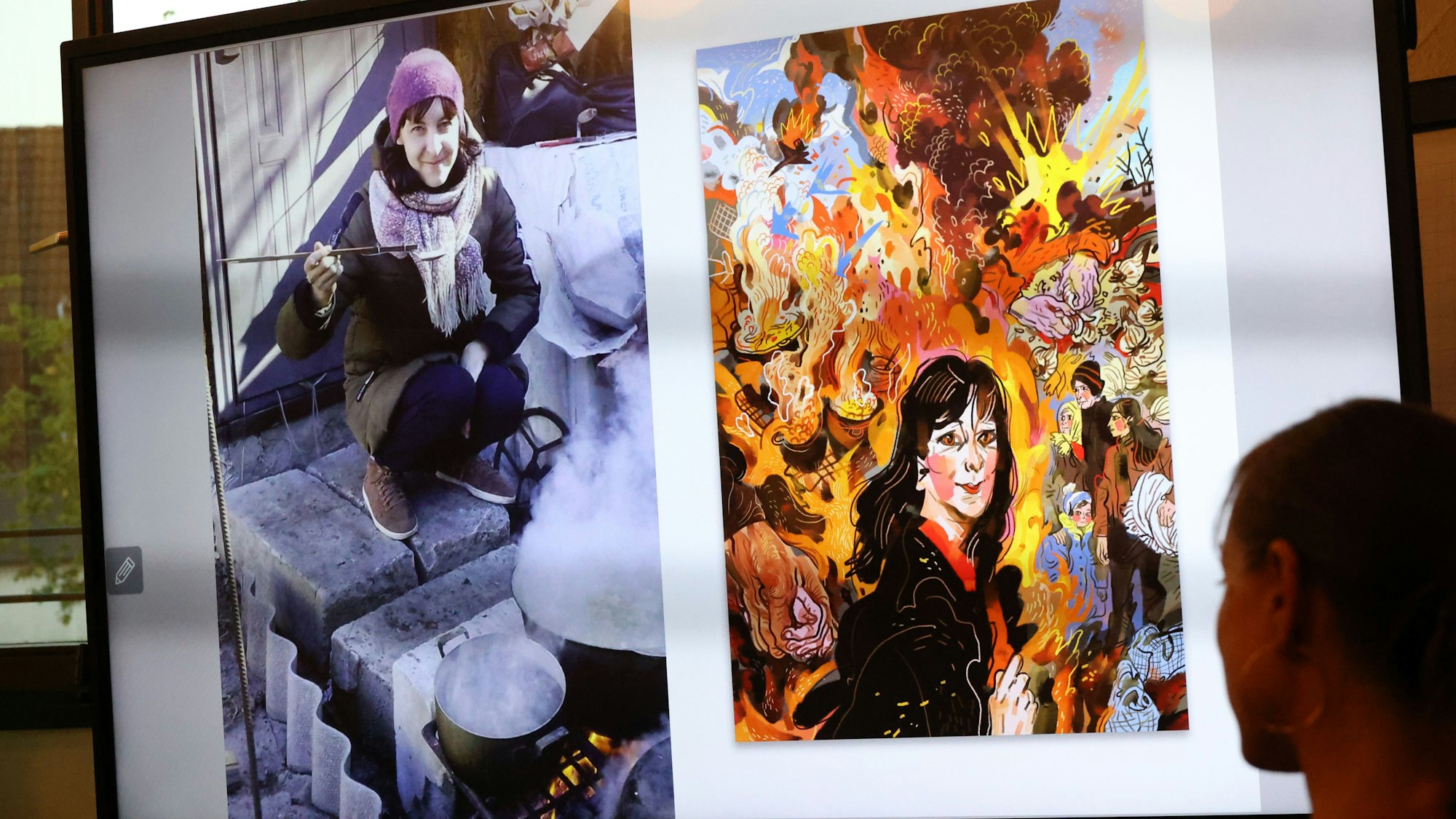 Ein Bild und eine Illustration aus der Ausstellung.