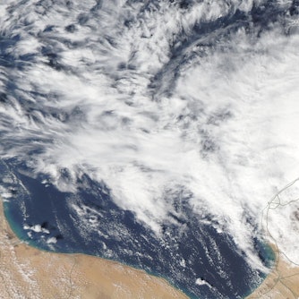 Medicane Daniel, ein Mittelmeer-Hurrikan, ist auf einer Satellitenaufnahme der Nasa über dem Mittelmeer und vor der nordafrikanischen Küste zu sehen.