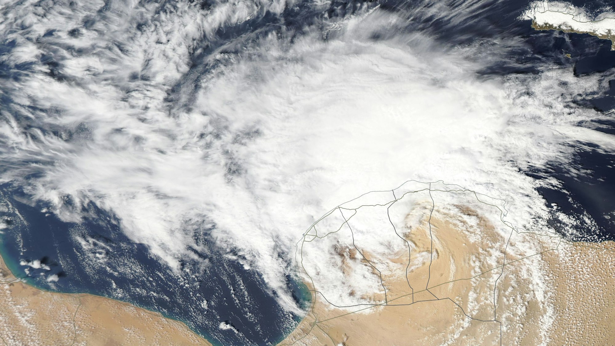 Medicane Daniel, ein Mittelmeer-Hurrikan, ist auf einer Satellitenaufnahme der Nasa über dem Mittelmeer und vor der nordafrikanischen Küste zu sehen.