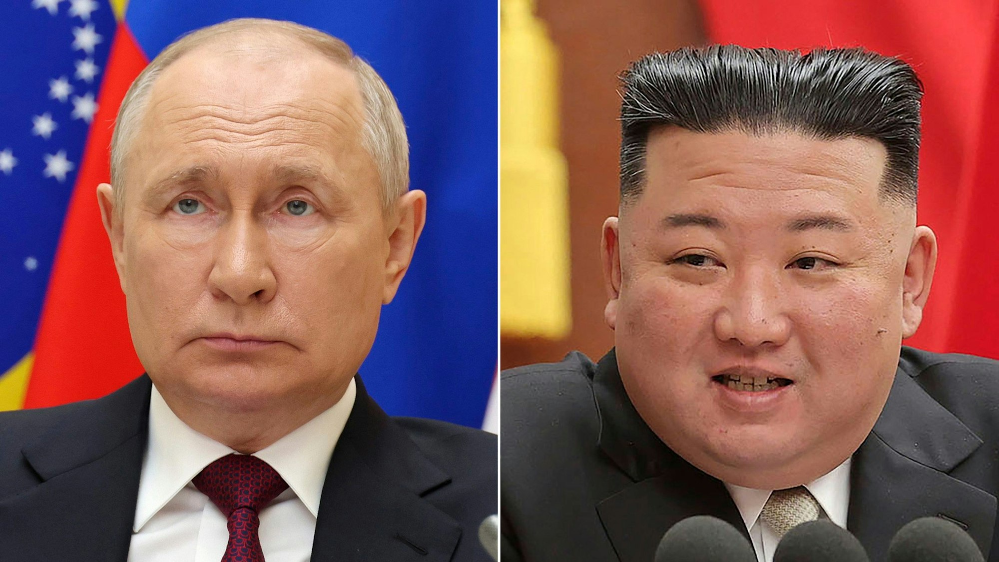 Die Bildkombo zeigt ein von der staatlichen russischen Nachrichtenagentur Sputnik via AP veröffentlichtes Bild von Wladimir Putin (l), Präsident von Russland, während eines Treffens und Kim Jong Un, Machthaber von Nordkorea, während einer Sitzung der regierenden Arbeiterpartei in ihrem Hauptquartier.