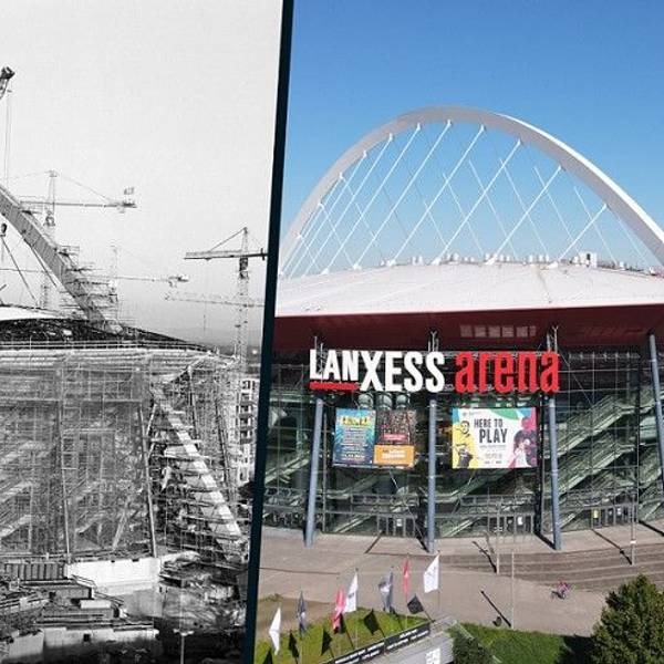 Blick auf die Lanxess-Arena im Bau 1998 und heute.