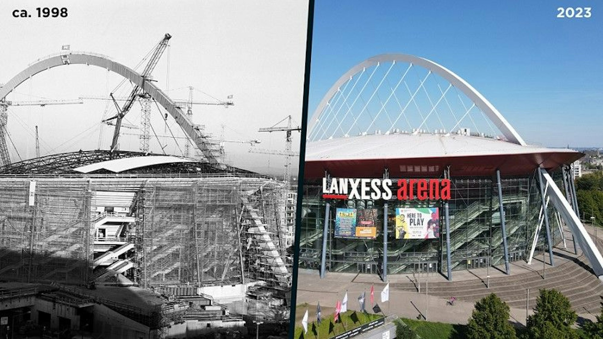 Blick auf die Lanxess-Arena im Bau 1998 und heute.