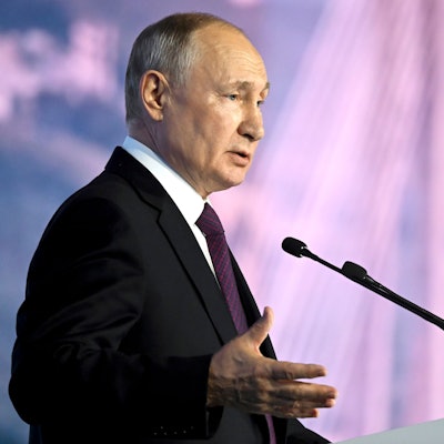 Russian President Vladimir Putin addresses a plenary session of the Eastern Economic Forum in Vladivostok, Russia, Tuesday, Sept. 12, 2023. (Pavel Bednyakov, Sputnik, Kremlin Pool Photo via AP)