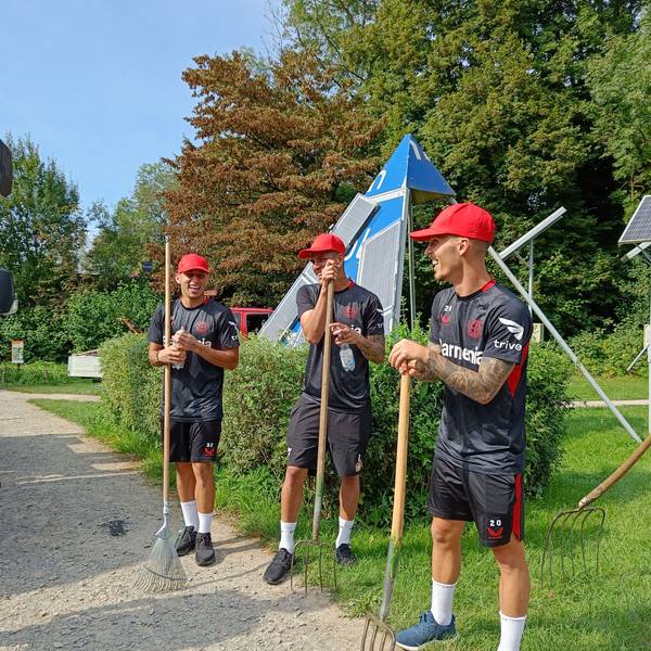 Drei Spieler in Werkself-Trikots mit Rechen und Heugabeln auf einer Wiese.