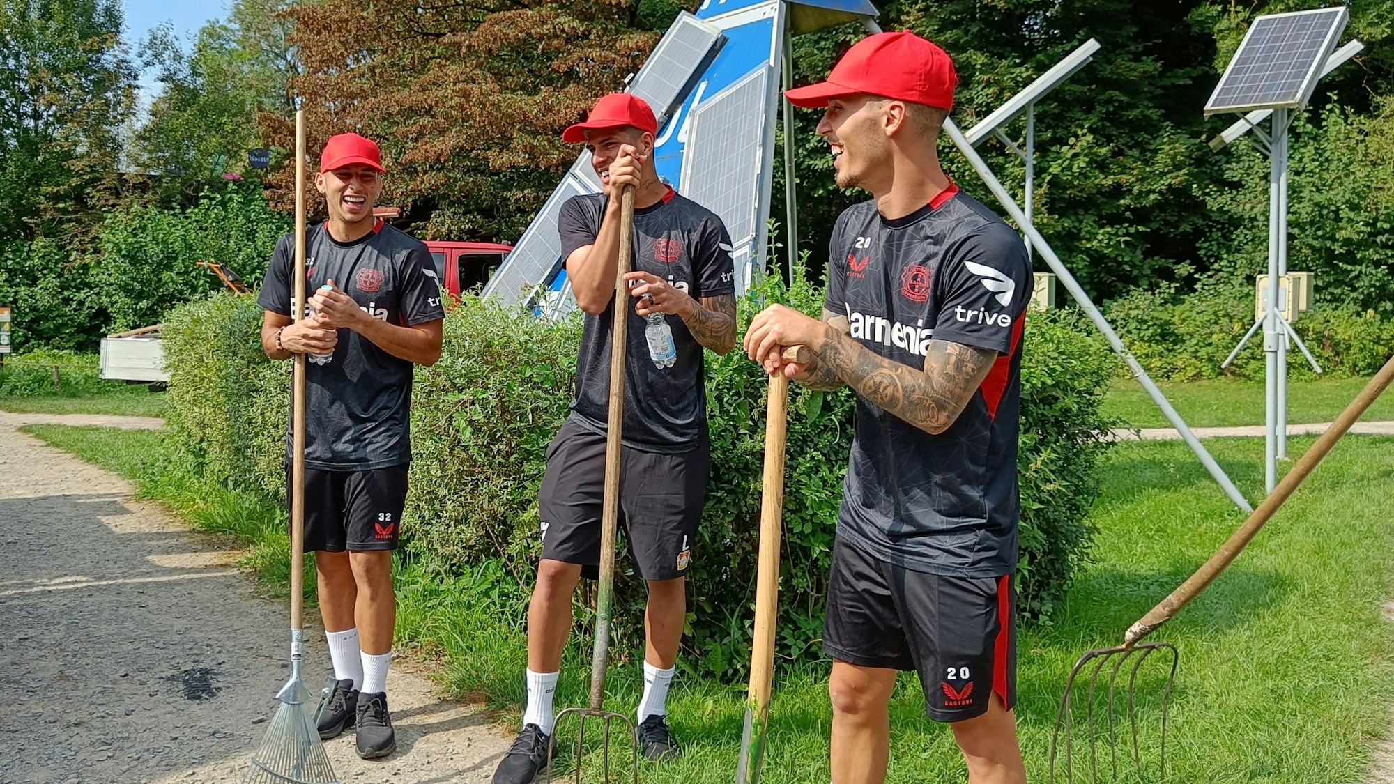 Drei Spieler in Werkself-Trikots mit Rechen und Heugabeln auf einer Wiese.