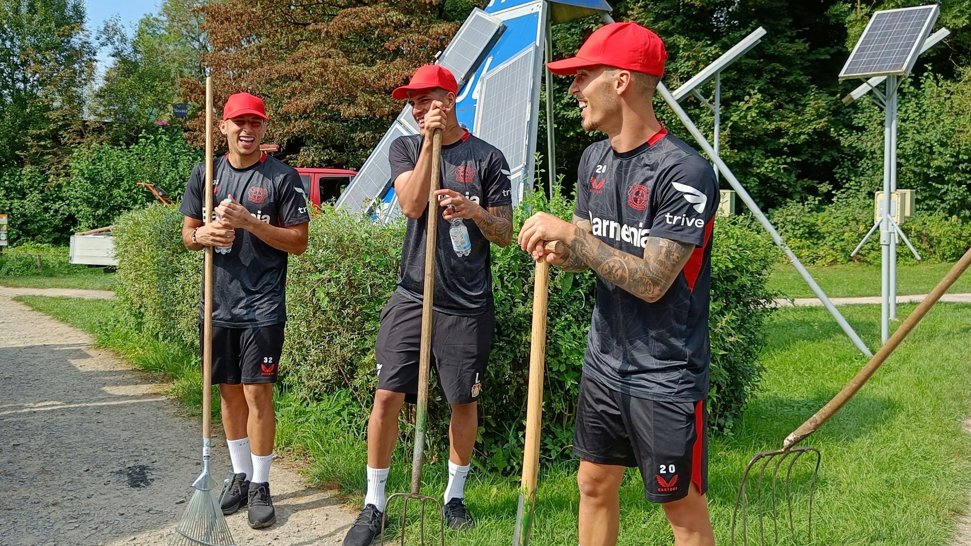 Drei Spieler in Werkself-Trikots mit Rechen und Heugabeln auf einer Wiese.