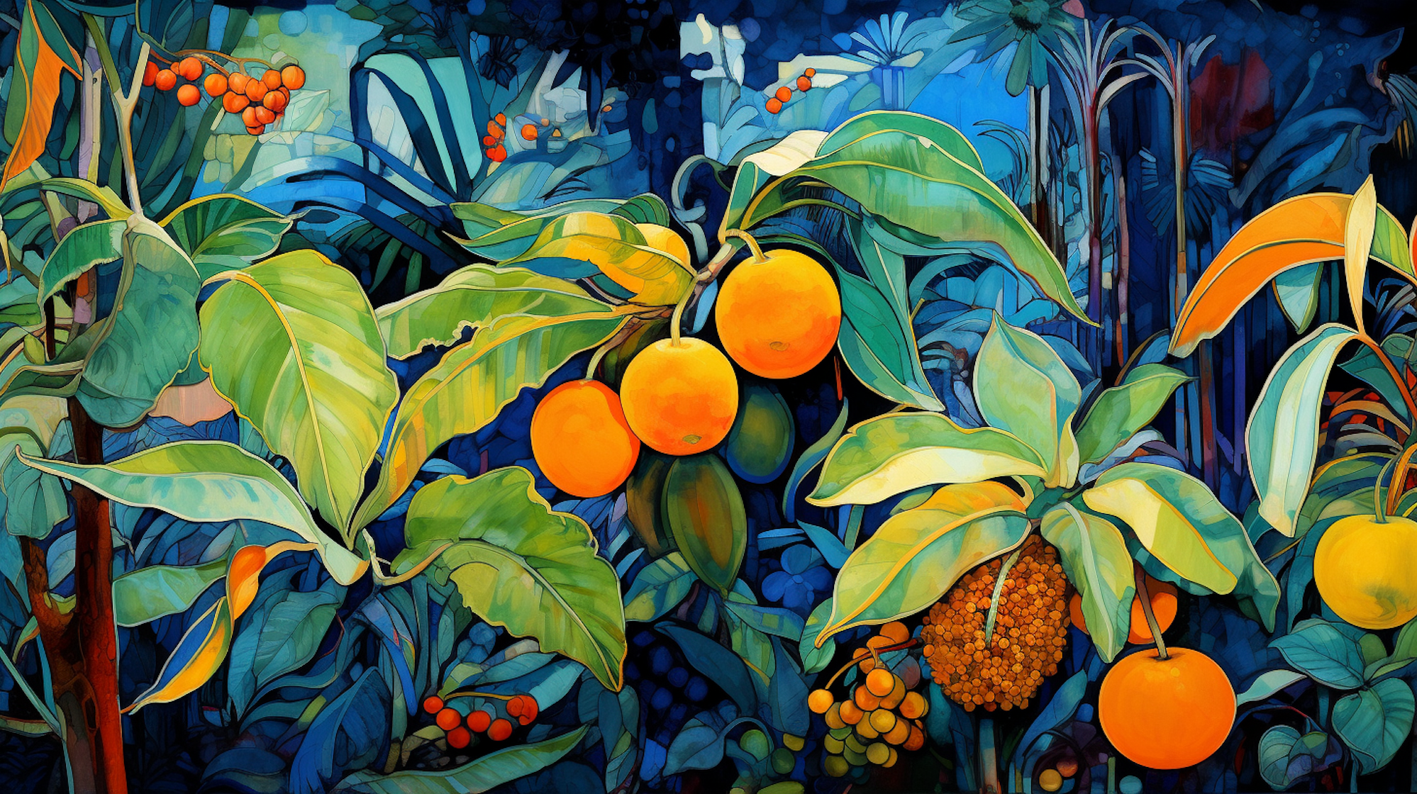 Illustration: Exotisches Obst in einem Garten