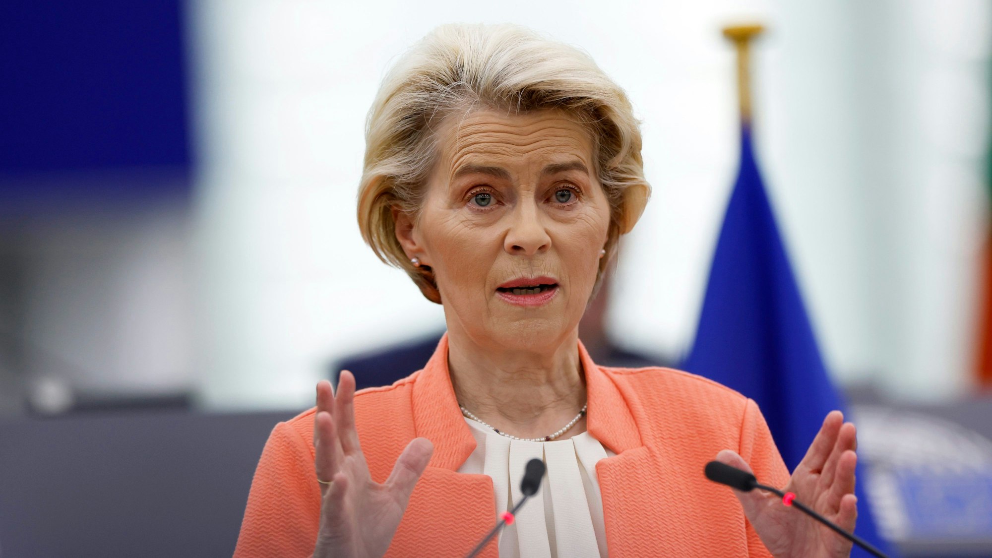 European Commission President Ursula von der Leyen delivers her annual speech on the state of the European Union and its plans and strategies looking ahead, at the European Parliament, Wednesday, Sept. 13, 2023 in Strasbourg, eastern France.