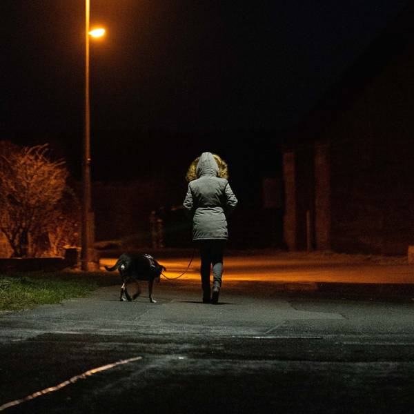 Eine Frau geht früh am Morgen mit ihrem Hund Gassi.