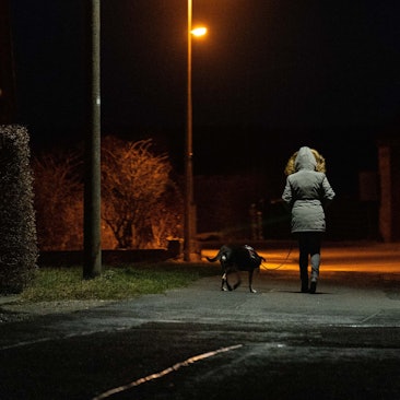 Eine Frau geht früh am Morgen mit ihrem Hund Gassi.