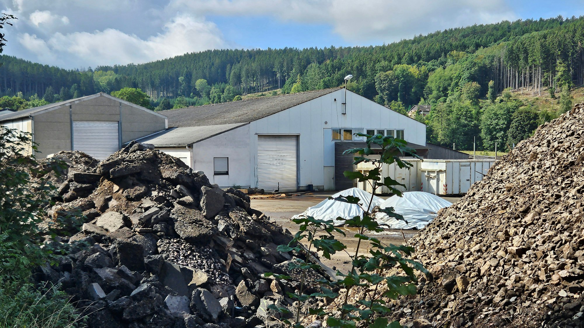 Zu sehen sind Schutthalden vor den Gebäuden des ehemaligen Sägewerks.