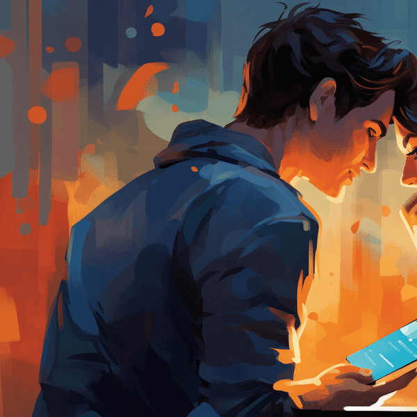 Illustration: Ein Mann und eine Frau sitzen am Tisch und schauen auf ein Handy.