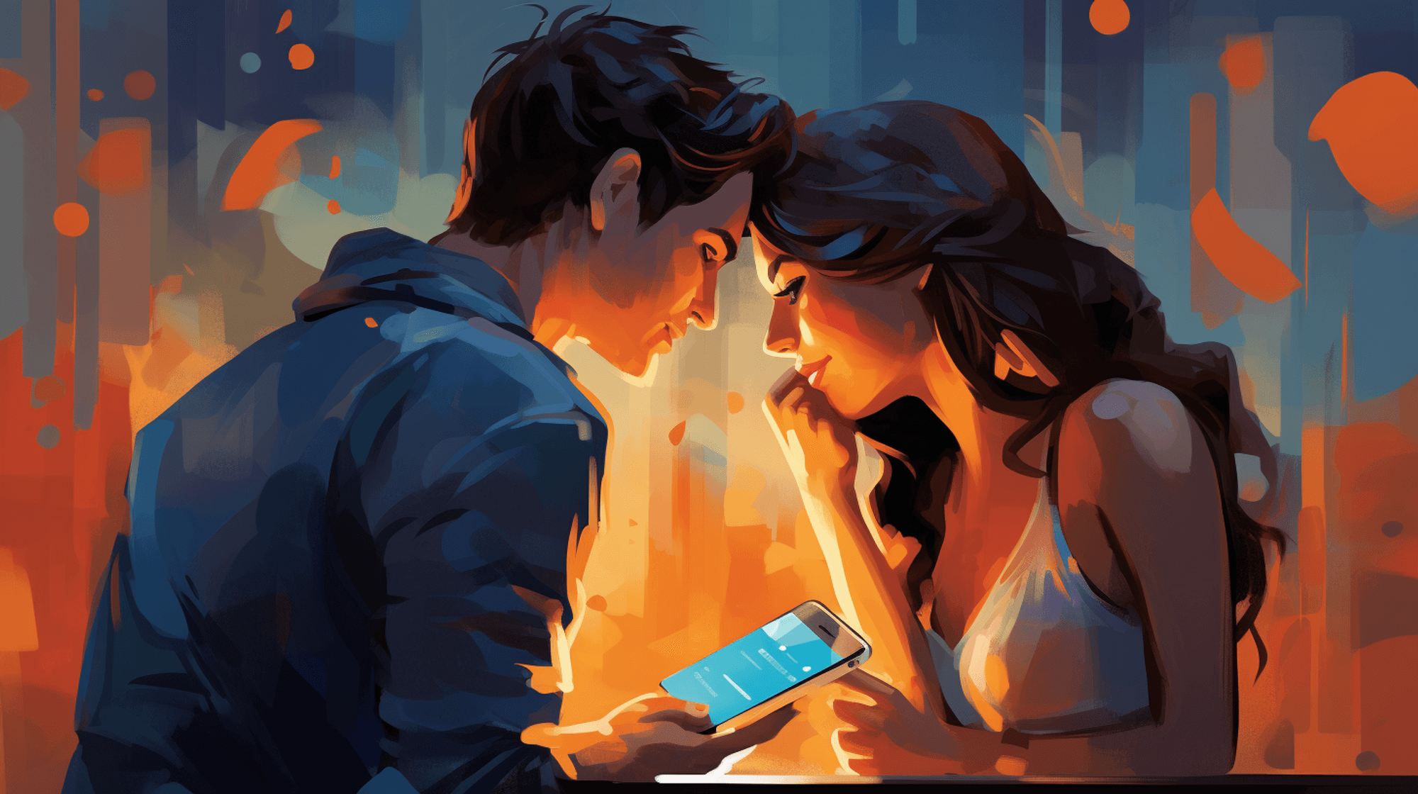 Illustration: Ein Mann und eine Frau sitzen am Tisch und schauen auf ein Handy.