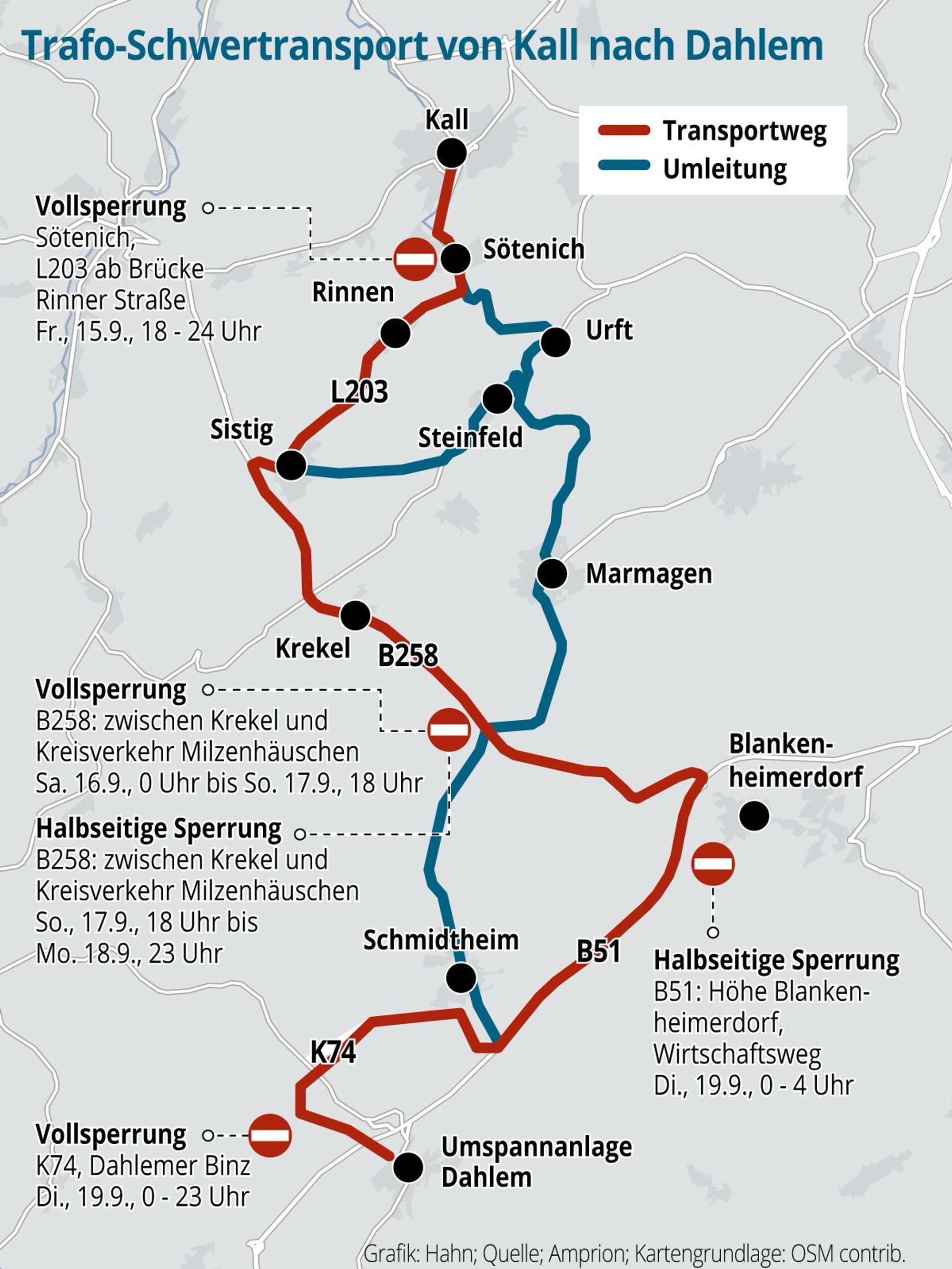 Die Grafik zeigt die Strecke des Schwertransports sowie die entsprechenden Umleitungsstrecken zwischen Kall und Dahlem.