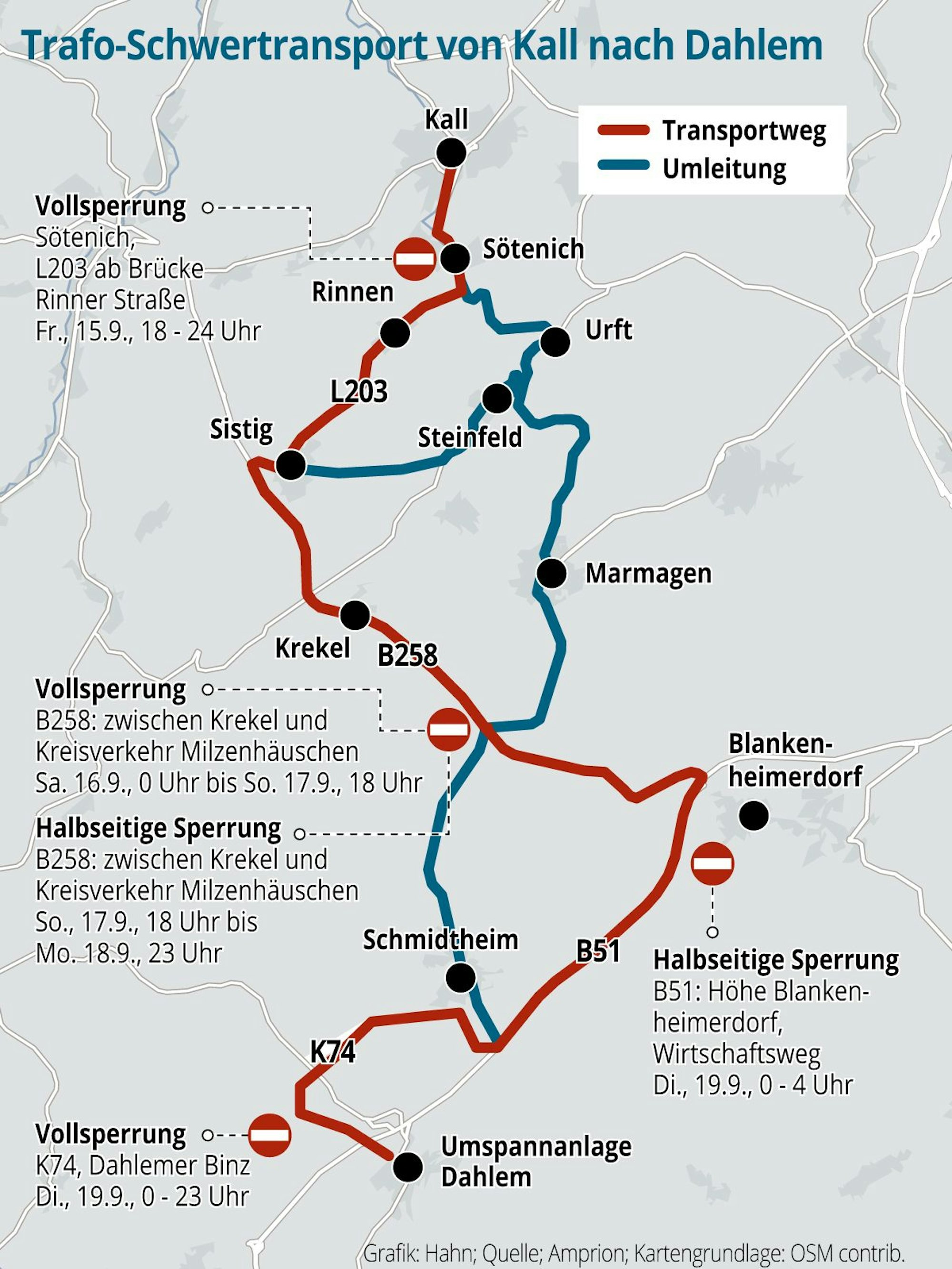 Die Grafik zeigt die Strecke des Schwertransports sowie die entsprechenden Umleitungsstrecken zwischen Kall und Dahlem.