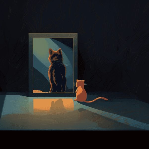 Illustration: Eine kleine Katze sitzt vor einem Spiegel. Das Spiegelbild zeigt eine große, imposante Katze.