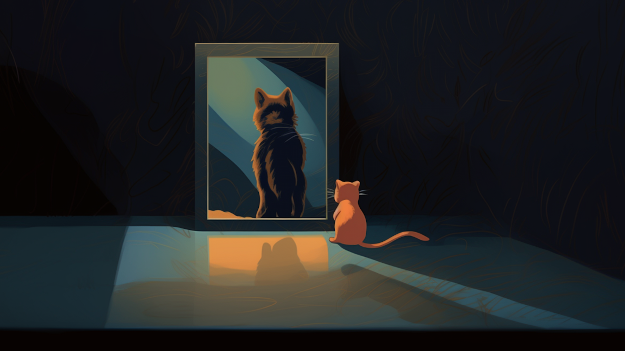 Illustration: Eine kleine Katze sitzt vor einem Spiegel. Das Spiegelbild zeigt eine große, imposante Katze.