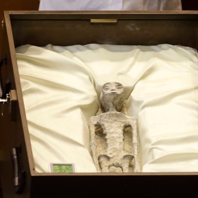 Die angebliche Alien-Mumie bei der öffentlichen Anhörung über unidentifizierte anomale Phänomene im Abgeordnetenhaus von Mexiko-Stadt am 12. September 2023.