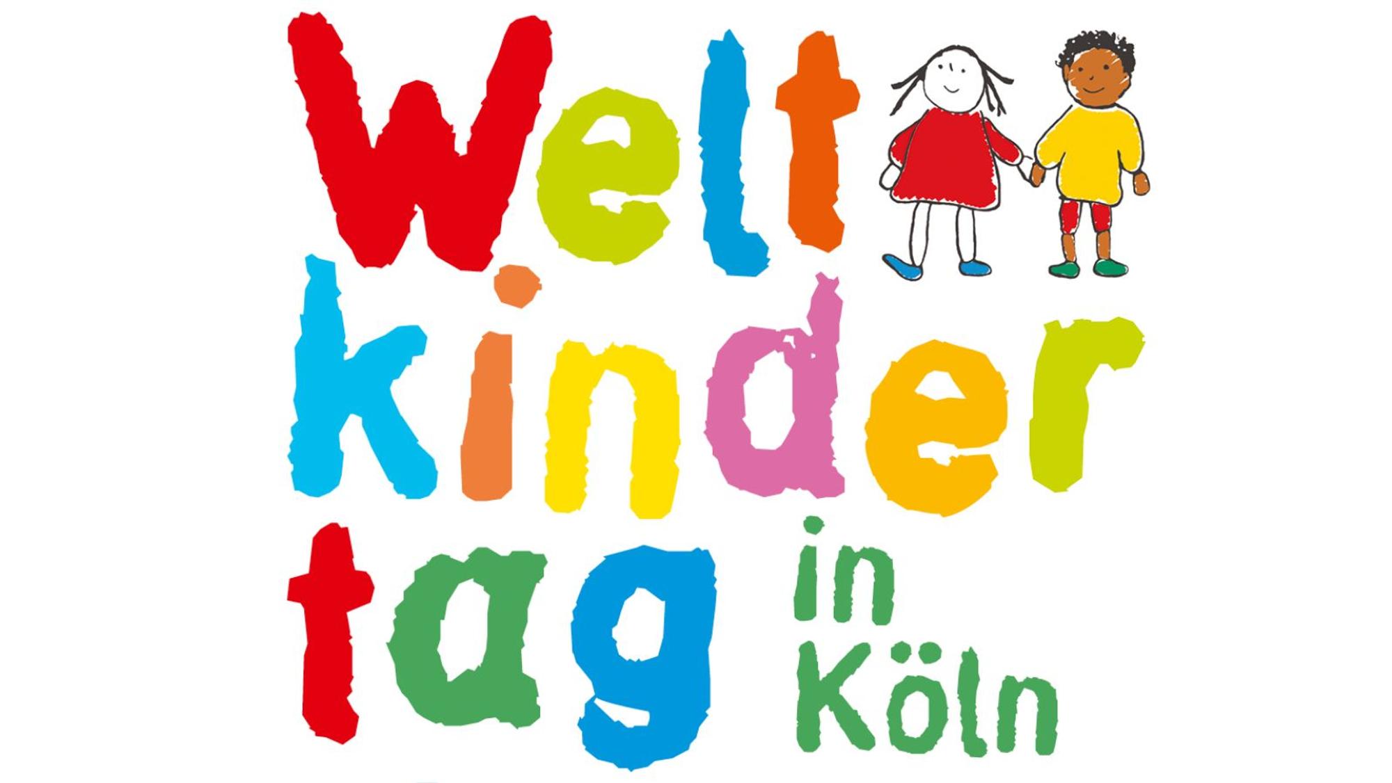 Das bunte Logo des Weltkindertags in Köln zeigt den Schriftzug und zwei gezeichnete Kinder, die sich an der Hand fassen.