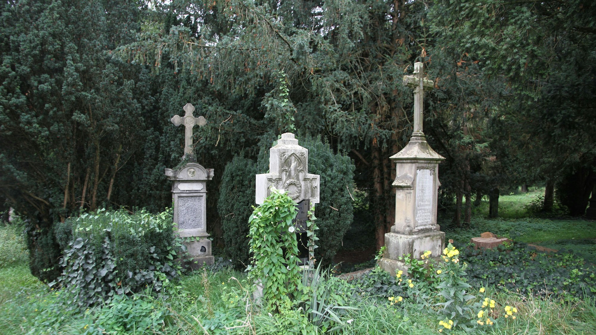 Drei Grabmale aus hellem Stein auf dem alten Siegburger Friedhof an der Johannesstraße