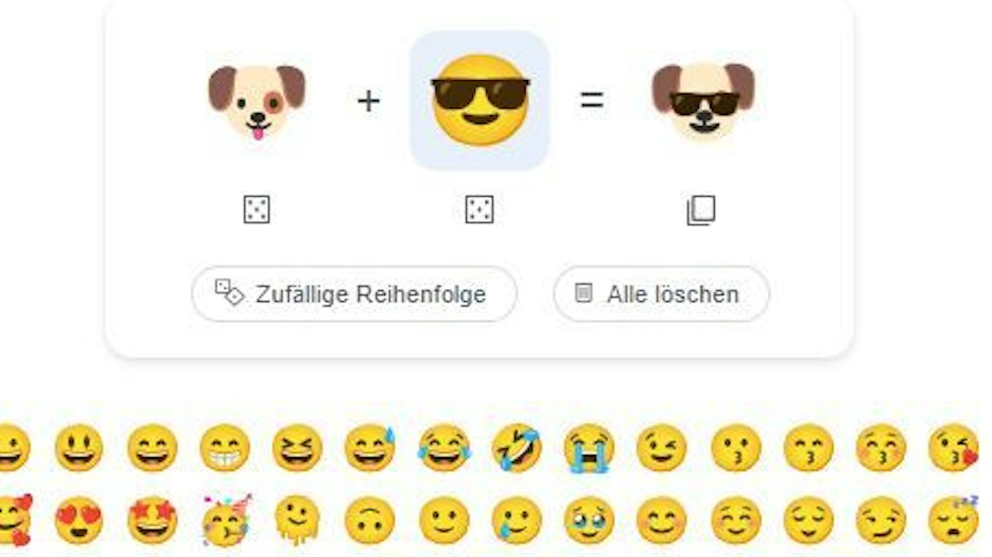 Screenshot der Emoji Kitchen in der Web-Suche von Google, Kombination aus Hunde- und Sonnenbrillen-Emoji