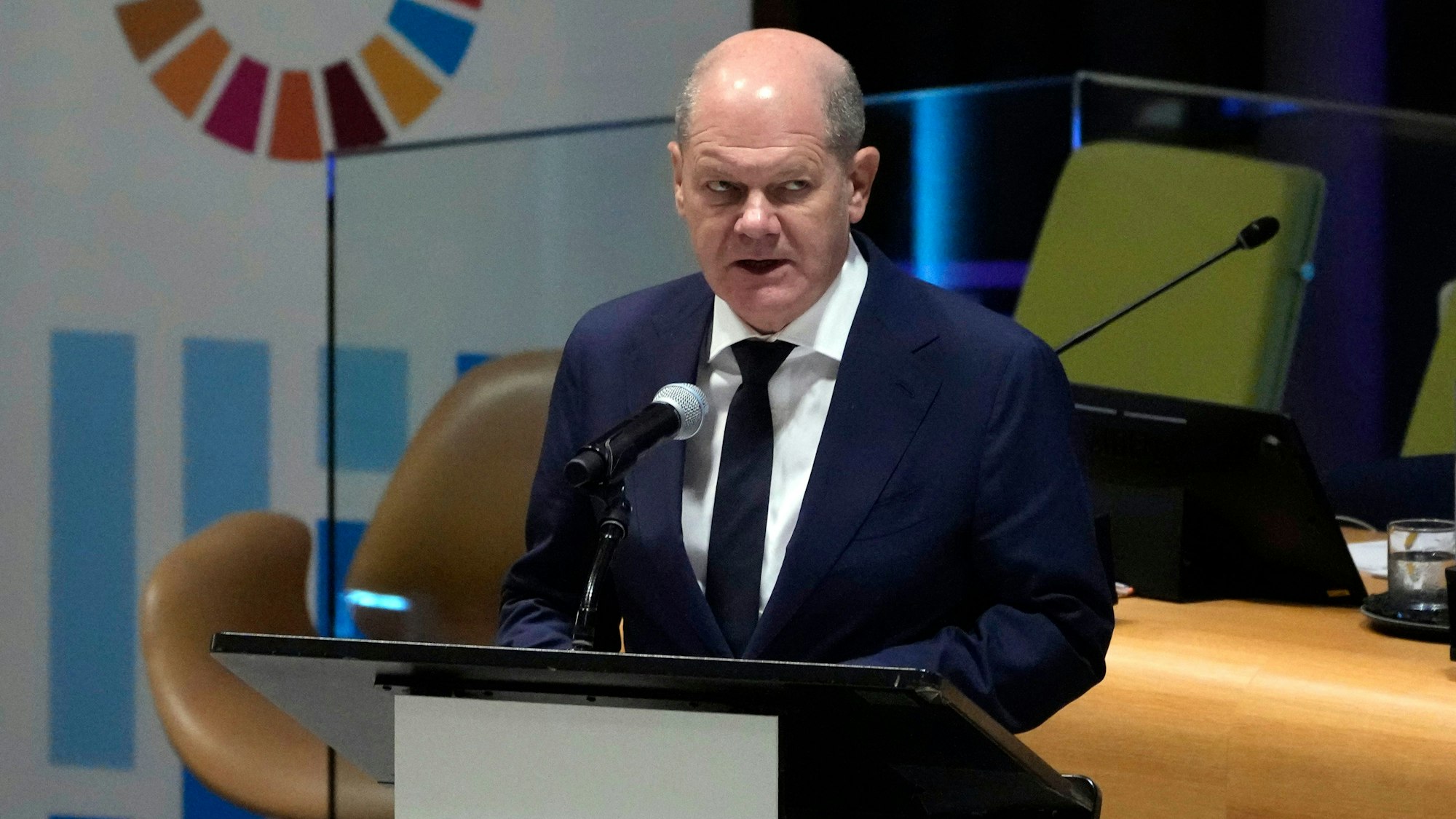 Olaf Scholz, Bundeskanzler von Deutschland, spricht während des Forums für nachhaltige Entwicklung der Vereinten Nationen.