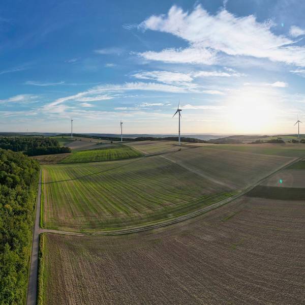 Windkraftanlagen stehen in einer Landschaft mit Feldern und Wäldern.