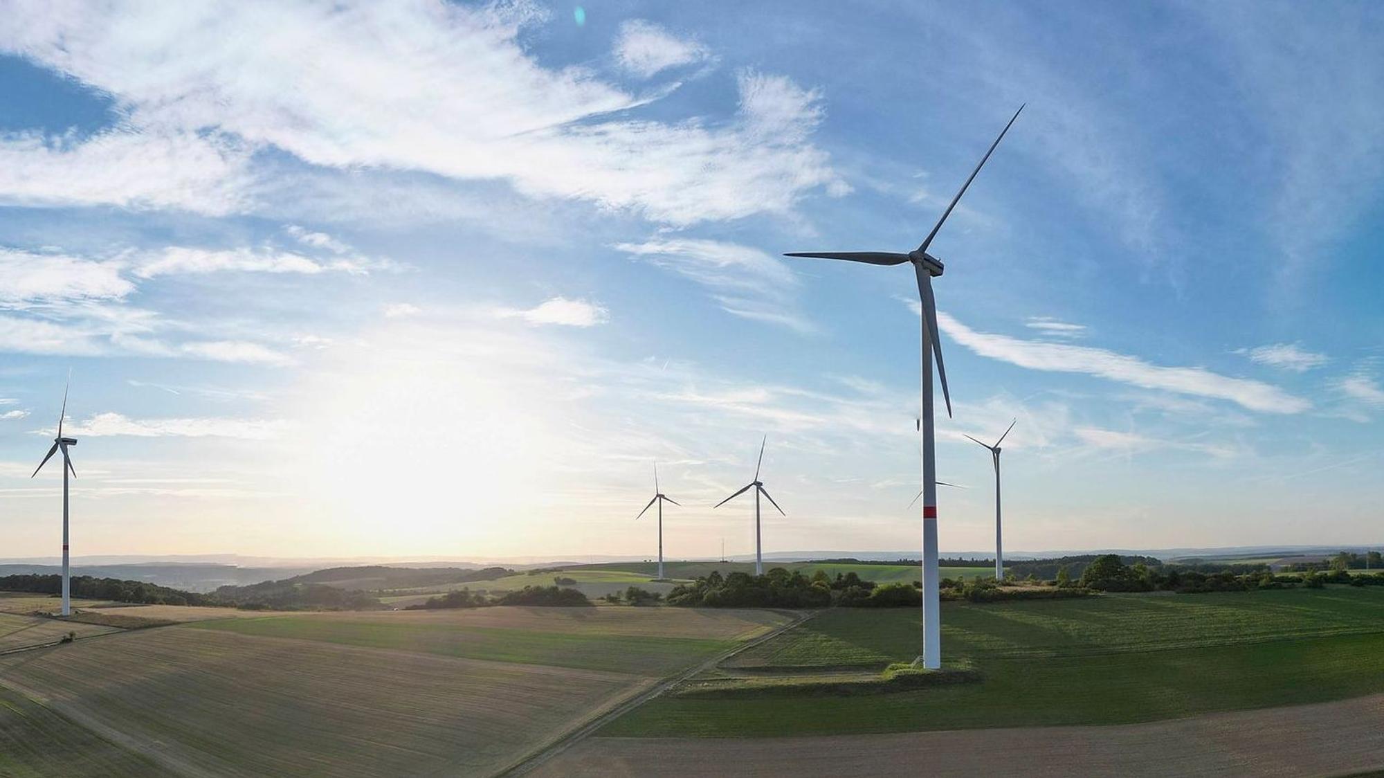 Windkraftanlagen stehen in einer Landschaft mit Feldern und Wäldern.