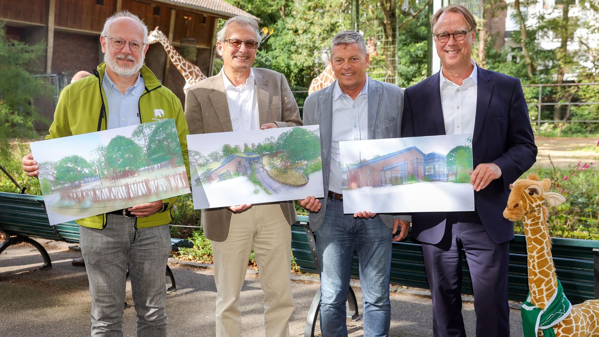 Der Kölner Zoo stellt die Pläne für die neue Giraffenanlage und eine Spende des Fördervereins vor. Im Bild (v.l.n.r.) Theo Pagel, Dr. Klaus Tiedeken, Christopher Landsberg und Uwe Schöneberg.