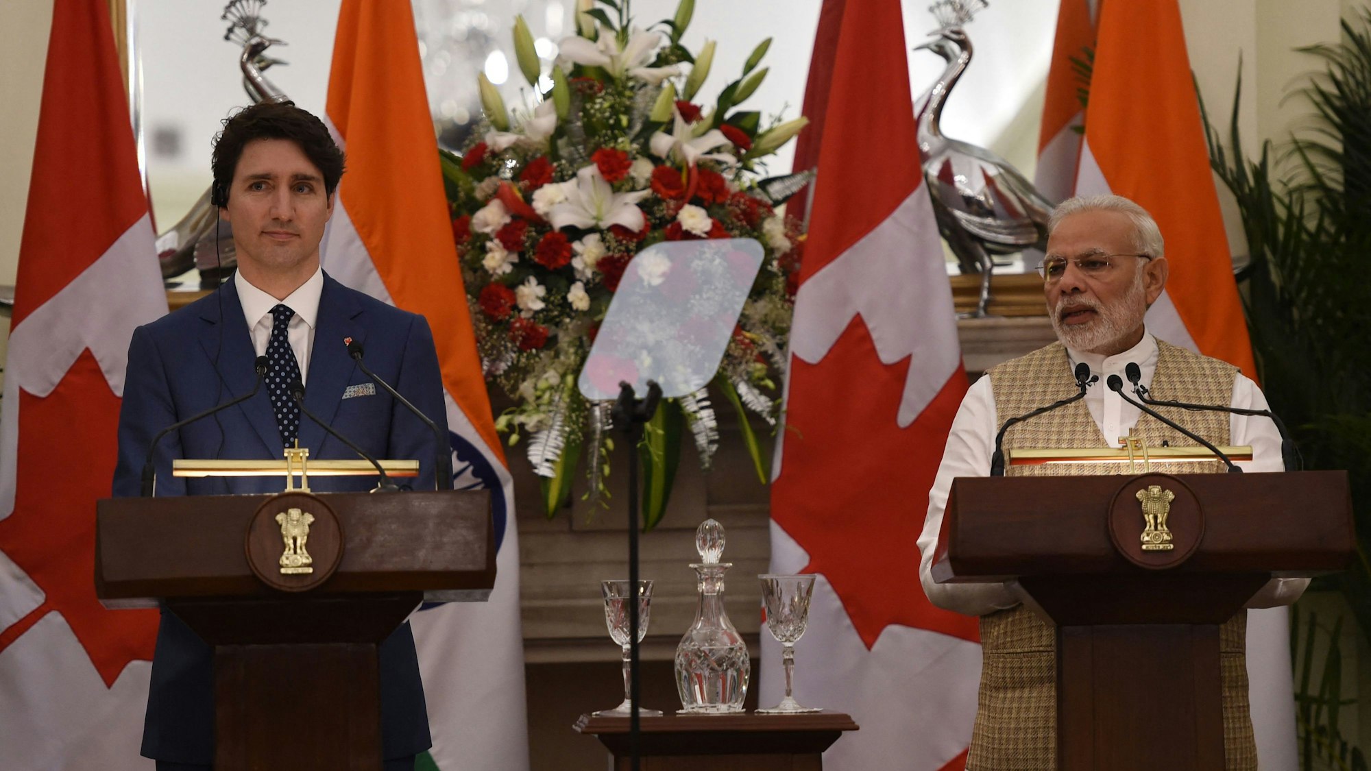 Der indische Premierminister Narendra Modi und der kanadische Premierminister Justin Trudeau während einer gemeinsamen Presseerklärung.